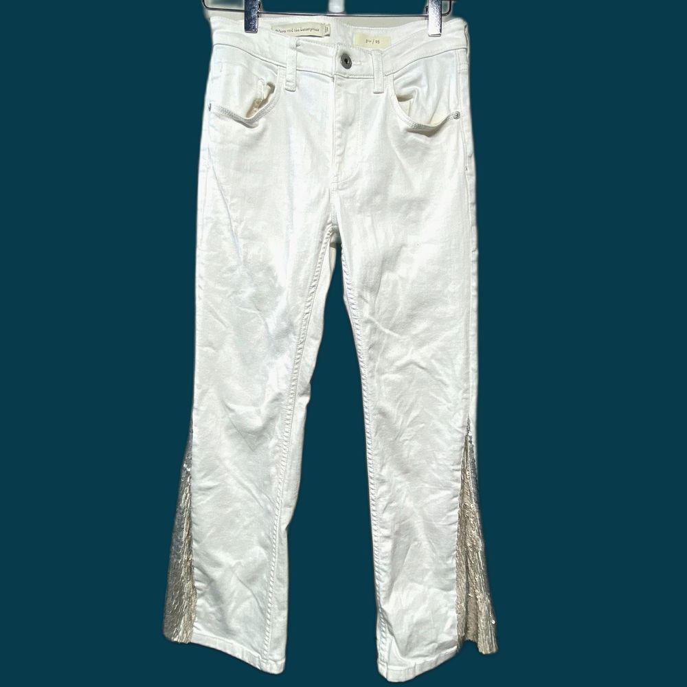 Pilcro and The Letterpress White Mid Rise Silver Sequin Flared Jeans 25